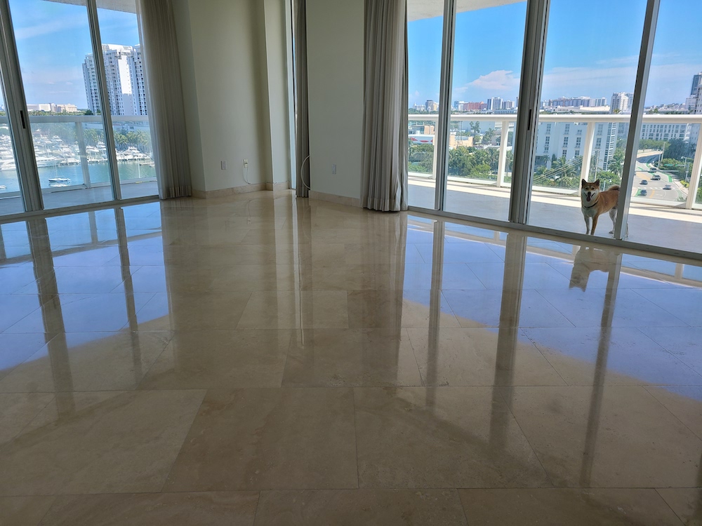 Polished Marble flooring with a high-gloss finish, expertly restored by First Class Marble Restoration in Aventura.